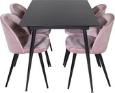 SilarBLExt eethoek eetkamertafel uitschuifbare tafel lengte cm 120 / 160 zwart en 4 Velvet eetkamerstal velours roze, zwart.