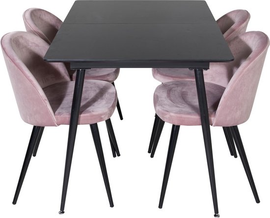 SilarBLExt eethoek eetkamertafel uitschuifbare tafel lengte cm 120 / 160 zwart en 4 Velvet eetkamerstal velours roze, zwart.