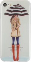 GadgetBay Regen paraplu meisje TPU hoesje iPhone 7 8 - Rode Laarsjes Trenchcoat - Doorzichtig