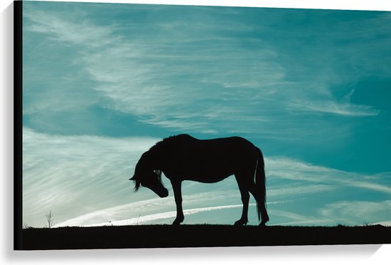 Canvas - Silhouet van Buigend Paard onder Stralend Blauwe Lucht - 90x60 cm Foto op Canvas Schilderij (Wanddecoratie op Canvas)
