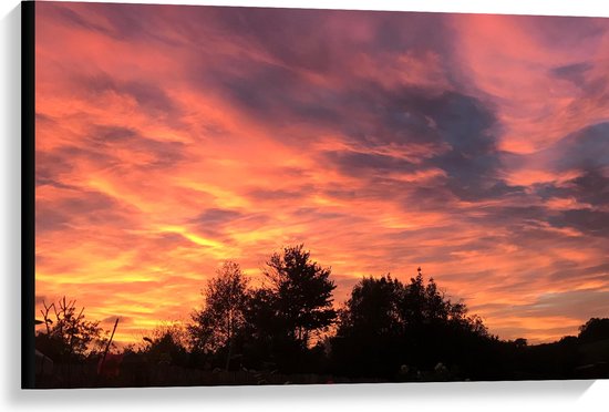 Canvas - Roze Gloed in Lucht boven Silhouet van Bomen - 90x60 cm Foto op Canvas Schilderij (Wanddecoratie op Canvas)