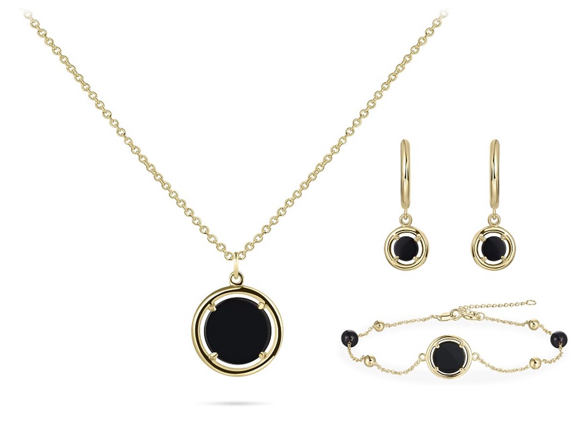 Schitterende SET: 14 Karaat Gouden Halsketting + Armband + Klapoorbellen Zwarte Edelsteen Agaat