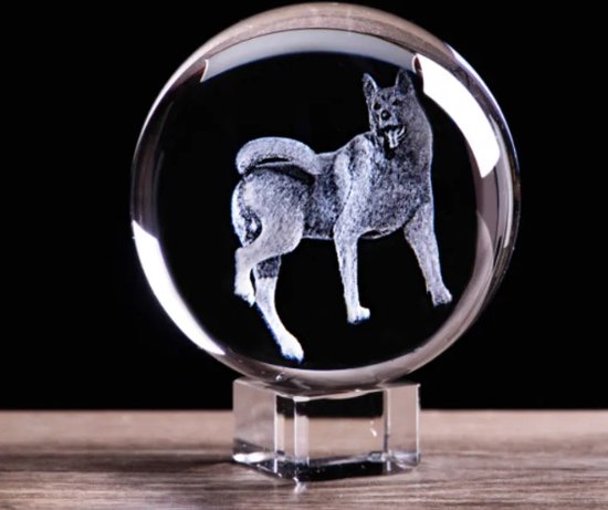 GreatGift® - Boule de cristal de chien 10cm - Dans une boîte cadeau de luxe - Cadeau pour lui - Cadeau pour Cheveux - Chien - Loup - Sur support en cristal