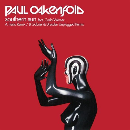 Paul Oakenfold "Southern Sun" singlehoes met een persoon in een zwart glanzend pak met gestreepte hoofdband.