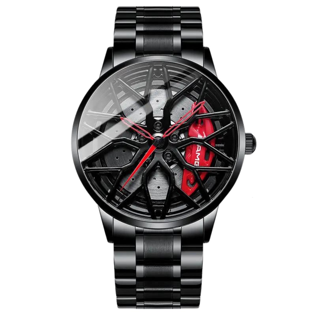 WielWatch - Horloge AMG - Sportauto - Horloges met stalen band- Herenmode - Velghorloge - Cadeau mannen - Autovelg - Draaiend - Autoliefhebber - horloge jongens