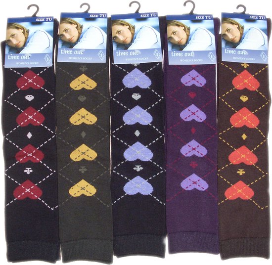 Dames KNIEKOUS - hartjes/ruiten - 6 paar - one size - losse elastiek - 78% katoen - chaussettes socks