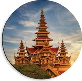 Dibond Muurcirkel - Rood met Gouden Paleis in Bagan, Myanmar - 40x40 cm Foto op Aluminium Muurcirkel (met ophangsysteem)