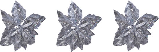 6x stuks decoratie bloemen kerststerren zilver glitter op clip 23 cm - Decoratiebloemen/kerstboomversiering
