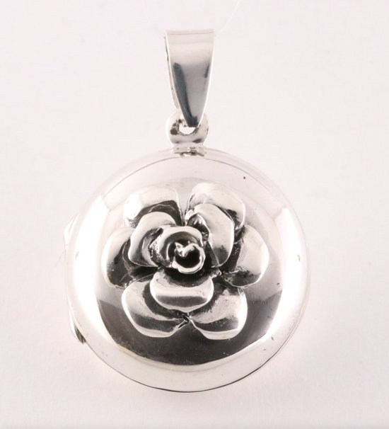 Rond hoogglans zilveren medaillon met bloem