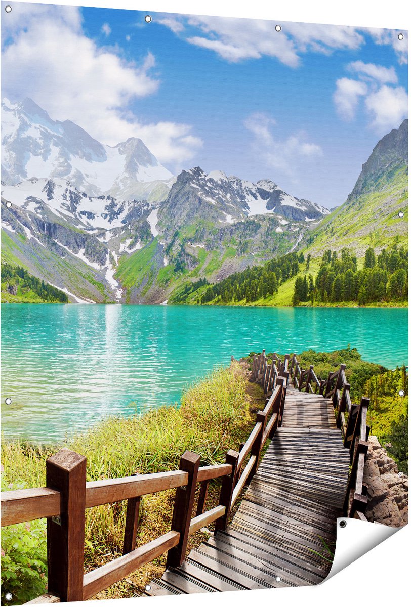Gards Tuinposter Pad naar een Helder Blauw Meer in de Bergen - 120x150 cm - Tuindoek - Tuindecoratie - Wanddecoratie buiten - Tuinschilderij Multikleur