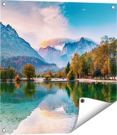 Affiche de jardin Gards Lac dans les Montagnes avec une statue de chèvre - 60x60 cm - Toile de jardin - Décoration de jardin - Décoration murale extérieure - Tableau de jardin