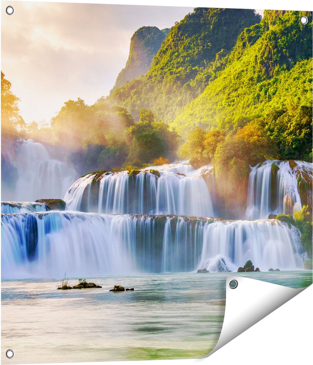 Gards Tuinposter Watervallen tussen de Bomen - 70x70 cm - Tuindoek - Tuindecoratie - Wanddecoratie buiten - Tuinschilderij Multikleur