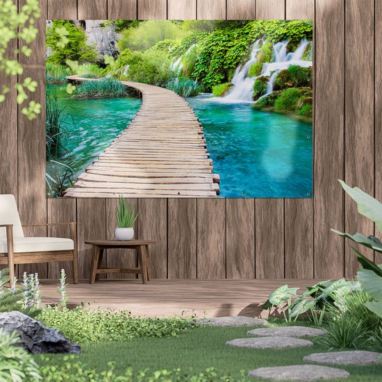 Affiche de jardin Gards Chemin en bois sur l' Water à la Chutes d'eau - 180x120 cm - Toile de jardin - Décoration de jardin - Décoration murale extérieur - Tableau de jardin