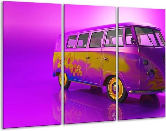 Glasschilderij Auto - Paars, Geel, Zwart - 120x80cm 3Luik - Foto Op Glas - Geen Acrylglas Schilderij - GroepArt 6000+ Glas Art Collectie - Maatwerk Mogelijk