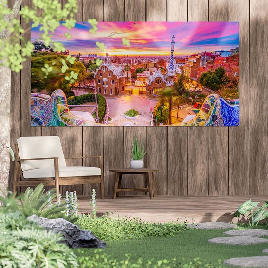 Gards Tuinposter Park G�ell Uitzicht op Barcelona - 200x100 cm - Tuindoek - Tuindecoratie - Wanddecoratie buiten - Tuinschilderij