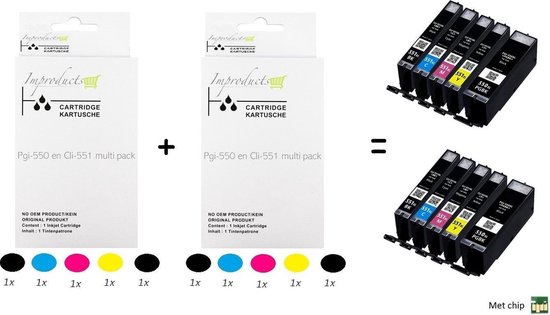 Twee verpakkingen inktcartridges Pgi-550 en Cli-551 multipack. Links twee dozen, rechts vijf zwarte en vijf gekleurde cartridges.