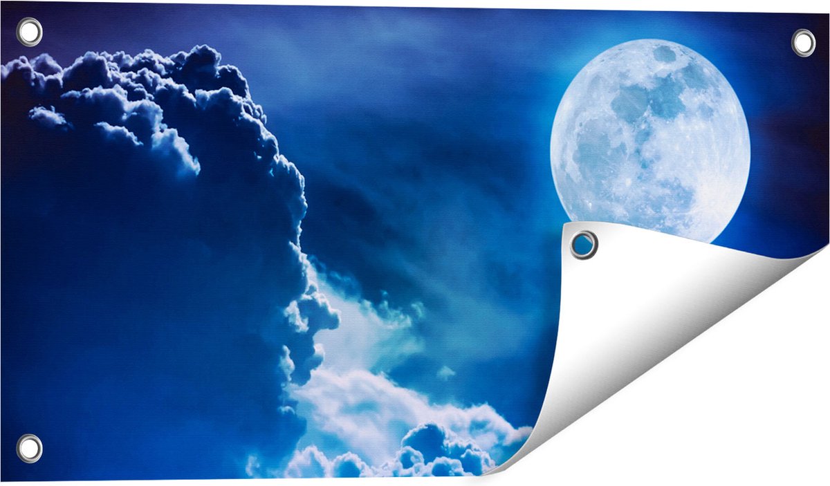 Gards Tuinposter Volle Maan bij Wolken - 60x30 cm - Tuindoek - Tuindecoratie - Wanddecoratie buiten - Tuinschilderij Multikleur