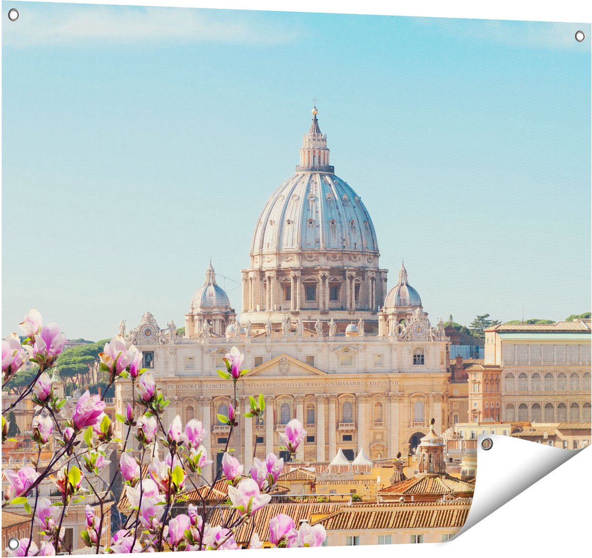Gards Tuinposter Sint Pietersbasiliek in Rome met Bloemen - 100x80 cm - Tuindoek - Tuindecoratie - Wanddecoratie buiten - Tuinschilderij Multikleur