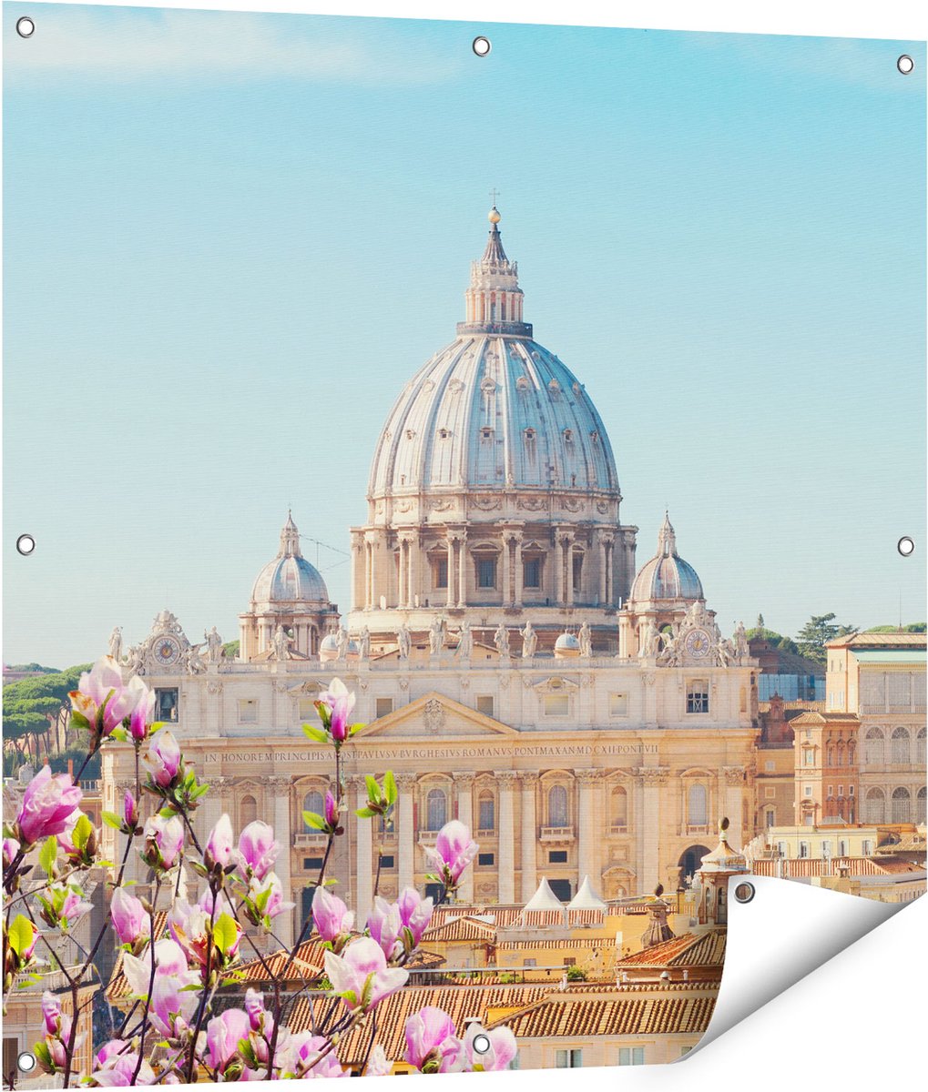 Gards Tuinposter Sint Pietersbasiliek in Rome met Bloemen - 90x90 cm - Tuindoek - Tuindecoratie - Wanddecoratie buiten - Tuinschilderij Multikleur