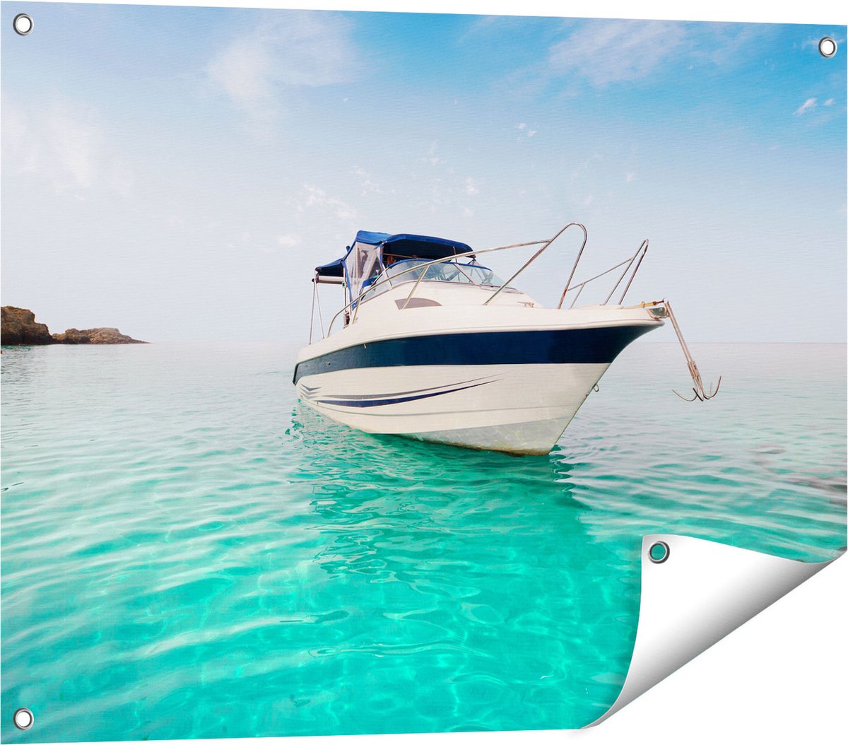 Gards Tuinposter Motorboot aan het Strand met Blauw Water - 80x60 cm - Tuindoek - Tuindecoratie - Wanddecoratie buiten - Tuinschilderij Multikleur