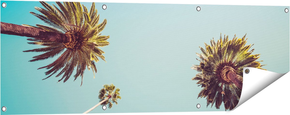 Gards Tuinposter Palmbomen met Bladeren in de Lucht - 120x40 cm - Tuindoek - Tuindecoratie - Wanddecoratie buiten - Tuinschilderij Multikleur