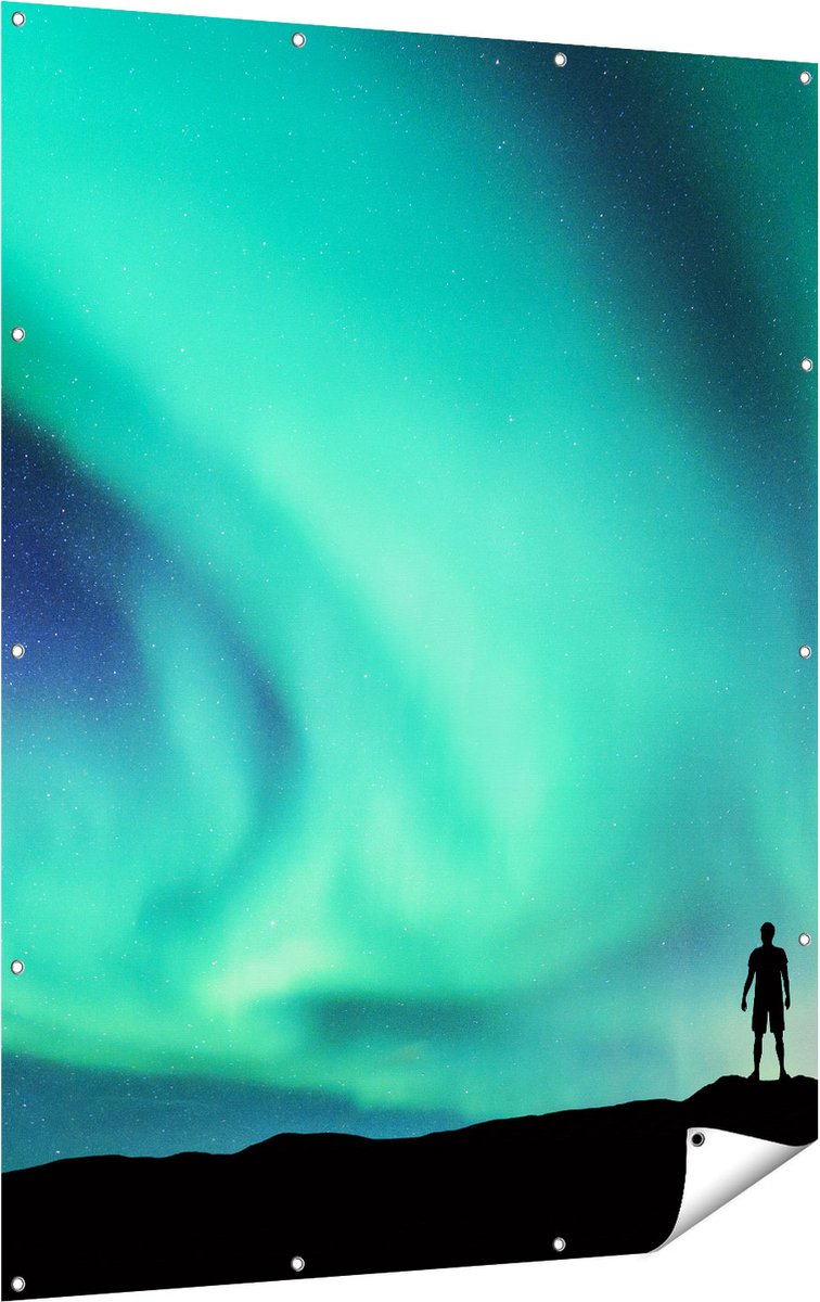 Gards Tuinposter Man bij het Groene Noorderlicht - 120x160 cm - Tuindoek - Tuindecoratie - Wanddecoratie buiten - Tuinschilderij Multikleur