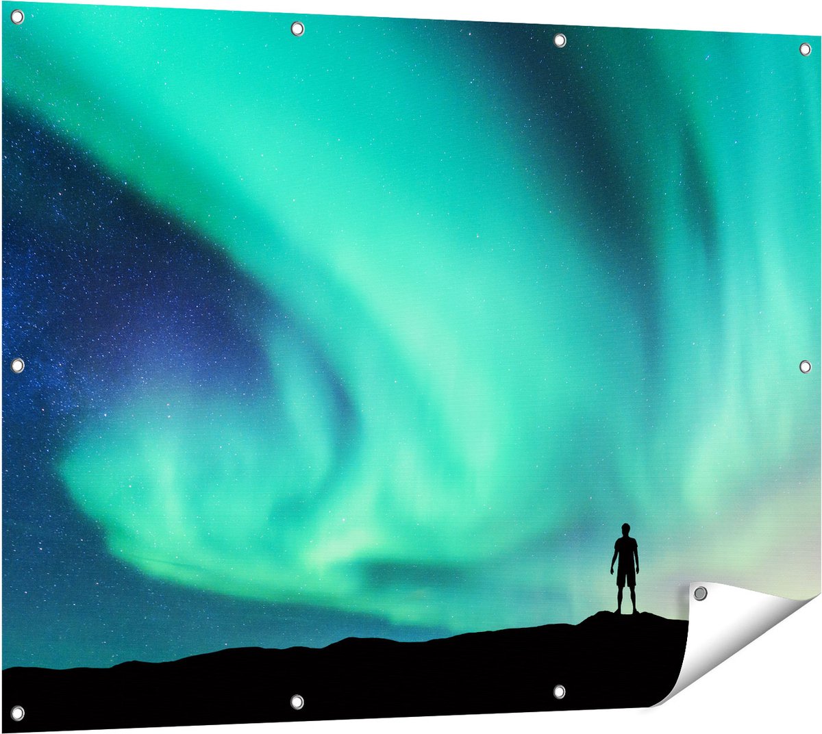 Gards Tuinposter Man bij het Groene Noorderlicht - 120x90 cm - Tuindoek - Tuindecoratie - Wanddecoratie buiten - Tuinschilderij Multikleur