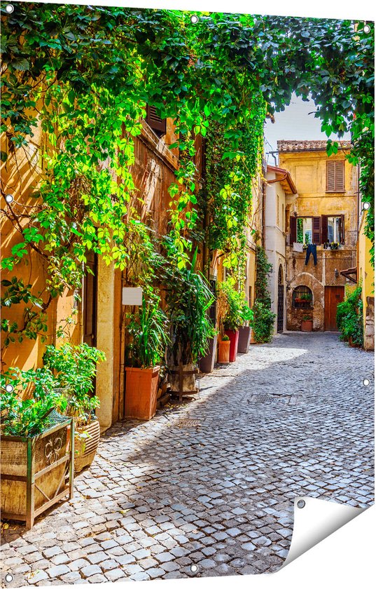 Gards Tuinposter Straatje in Rome met Groene Planten - 90x120 cm - Tuindoek - Tuindecoratie - Wanddecoratie buiten - Tuinschilderij