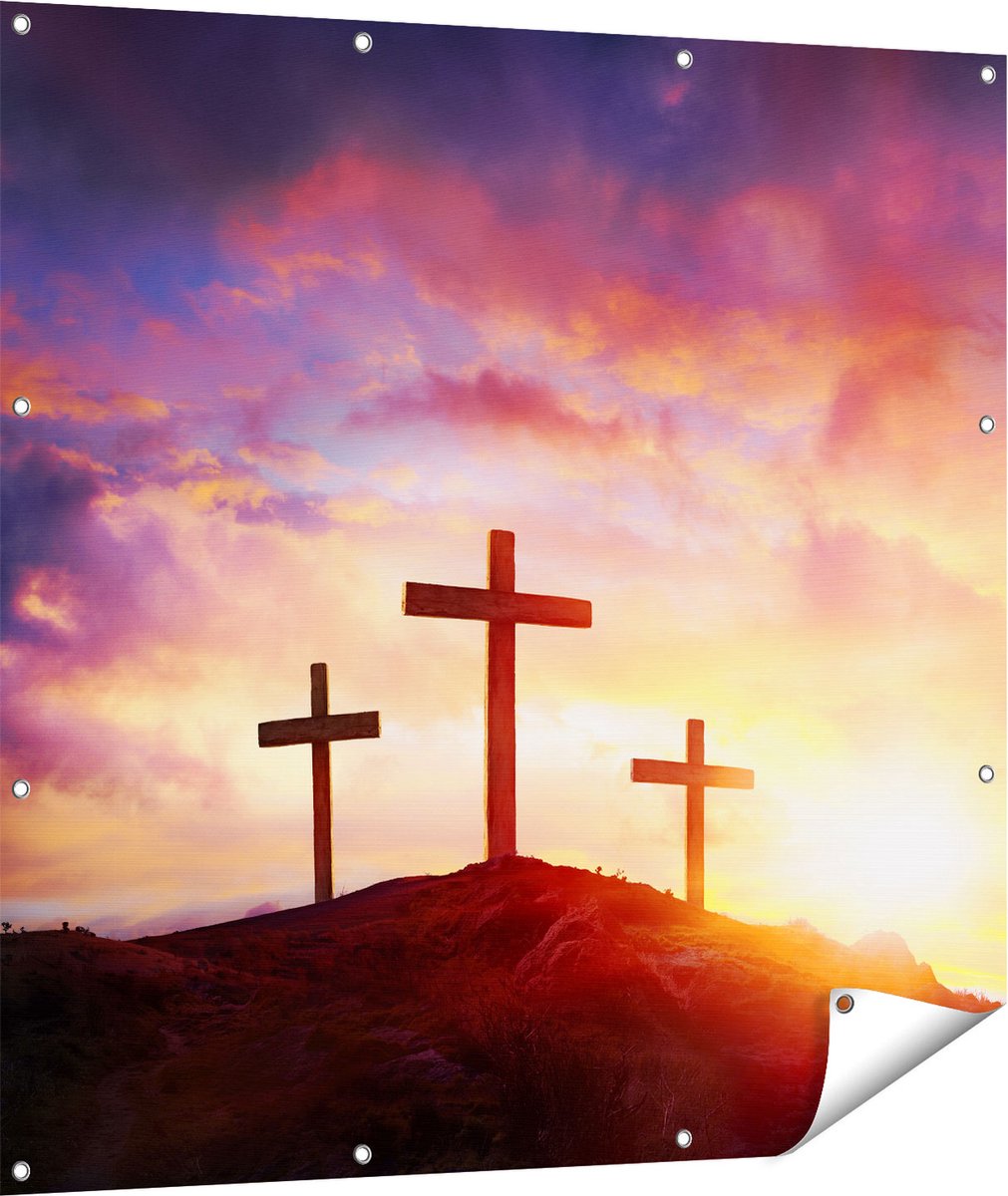 Gards Tuinposter Kruisiging van Jezus Christus - Drie Kruisen - 110x110 cm - Tuindoek - Tuindecoratie - Wanddecoratie buiten - Tuinschilderij Multikleur