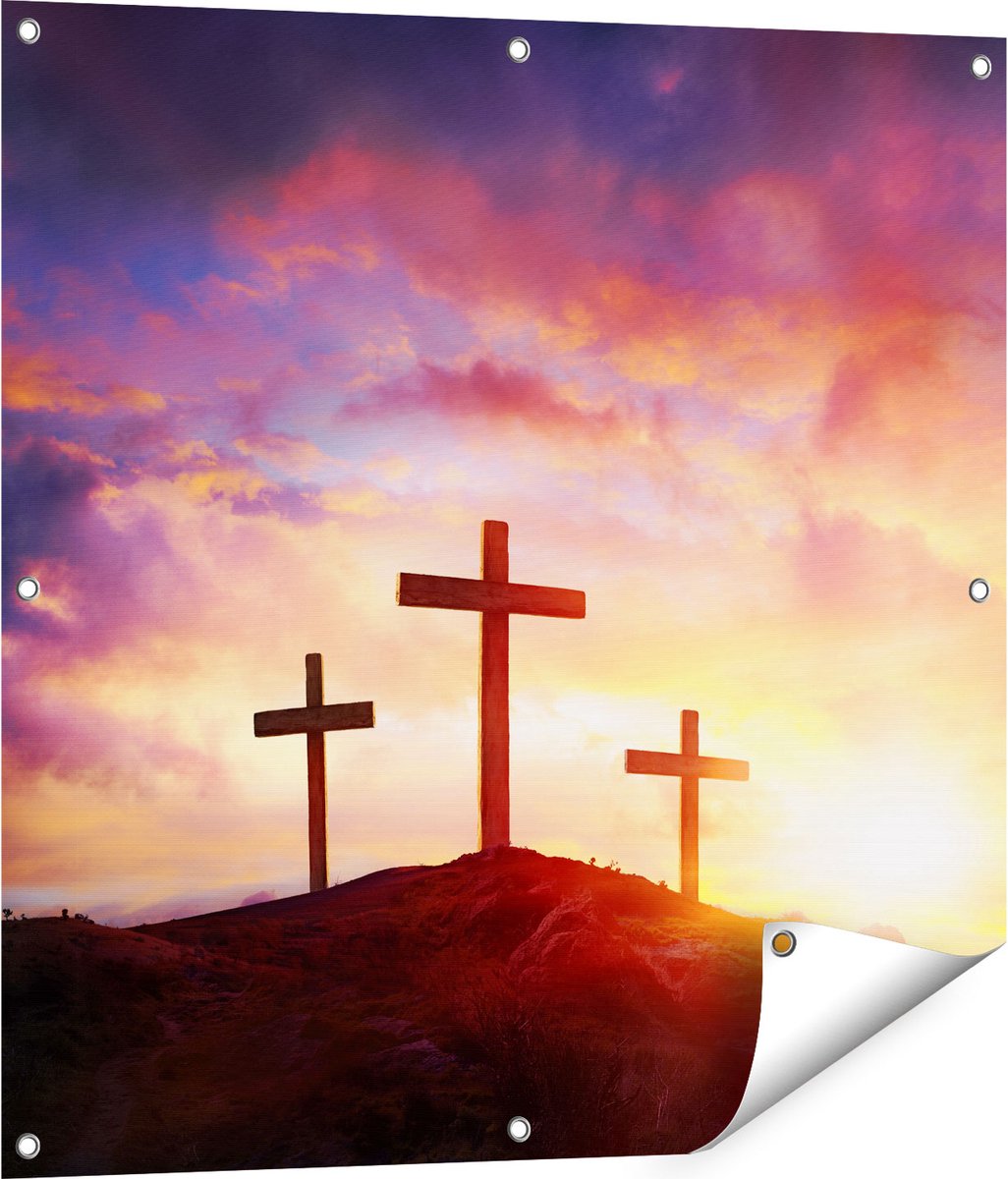 Gards Tuinposter Kruisiging van Jezus Christus - Drie Kruisen - 80x80 cm - Tuindoek - Tuindecoratie - Wanddecoratie buiten - Tuinschilderij Multikleur