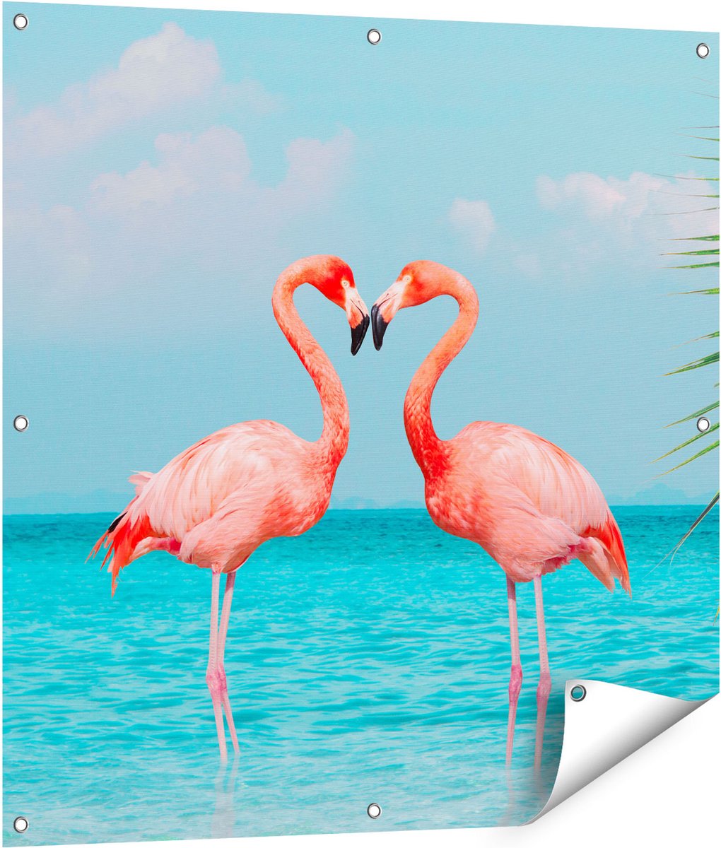 Gards Tuinposter Twee Flamingo's in een Hart Vorm in het Water - 90x90 cm - Tuindoek - Tuindecoratie - Wanddecoratie buiten - Tuinschilderij Multikleur