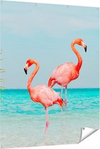 Gards Tuinposter Twee Flamingo's in het Water - 120x150 cm - Tuindoek - Tuindecoratie - Wanddecoratie buiten - Tuinschilderij