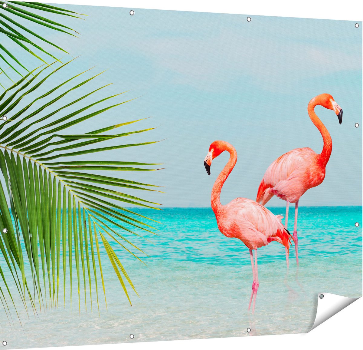 Gards Tuinposter Twee Flamingo's in het Water - 150x120 cm - Tuindoek - Tuindecoratie - Wanddecoratie buiten - Tuinschilderij Multikleur