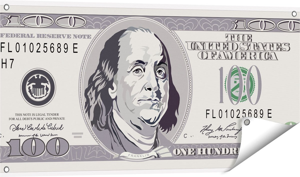 Gards Tuinposter Geld Dollar Biljet - Briefje van 100 Dollar - 100x50 cm - Tuindoek - Tuindecoratie - Wanddecoratie buiten - Tuinschilderij Multikleur