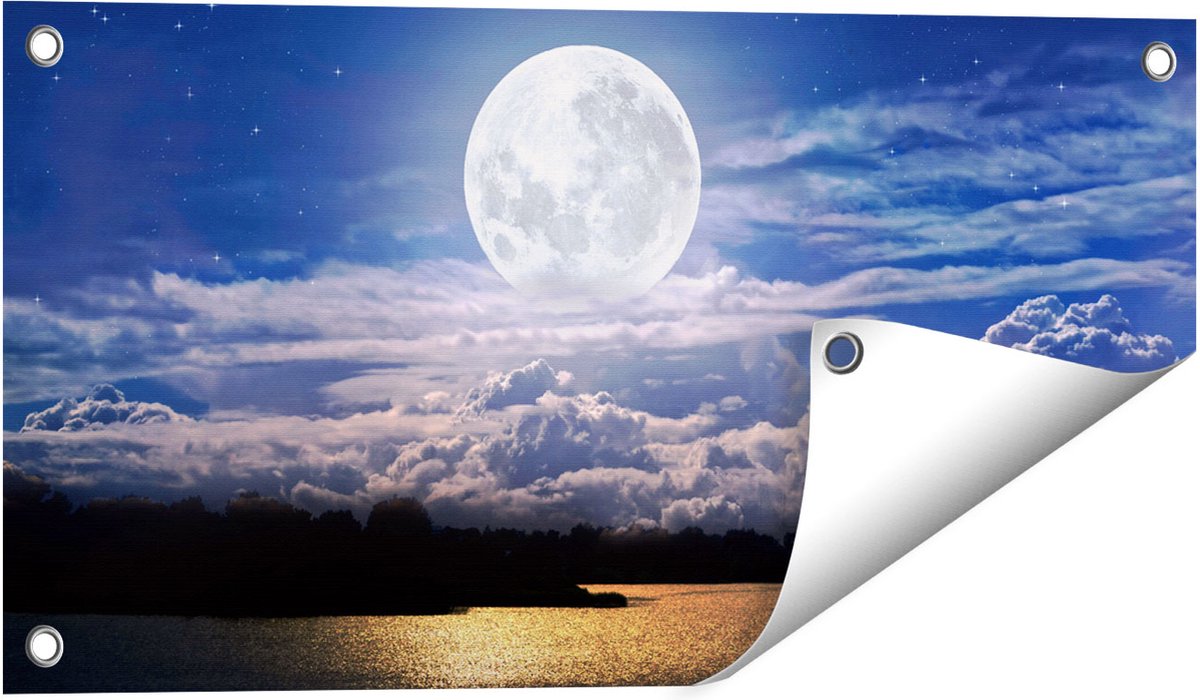 Gards Tuinposter Volle Maan bij het Water - 60x30 cm - Tuindoek - Tuindecoratie - Wanddecoratie buiten - Tuinschilderij Multikleur