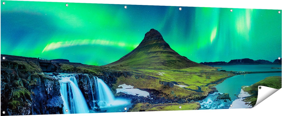 Gards Tuinposter Noorderlicht bij de Watervallen in IJsland - 210x70 cm - Tuindoek - Tuindecoratie - Wanddecoratie buiten - Tuinschilderij Multikleur