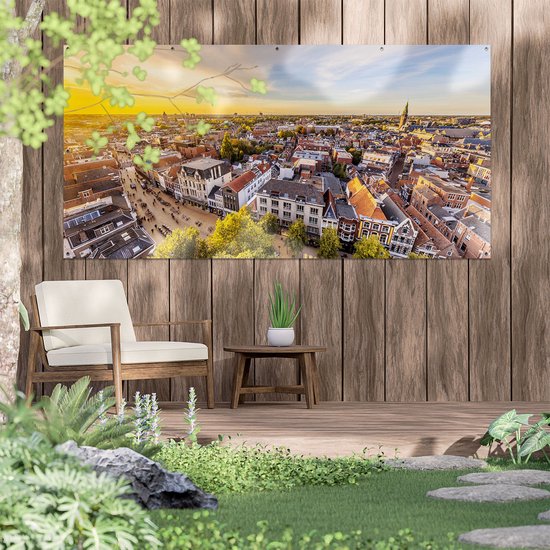 Gards Tuinposter Groningen Skyline Stad bij Zonsondergang - 200x100 cm - Tuindoek - Tuindecoratie - Wanddecoratie buiten - Tuinschilderij