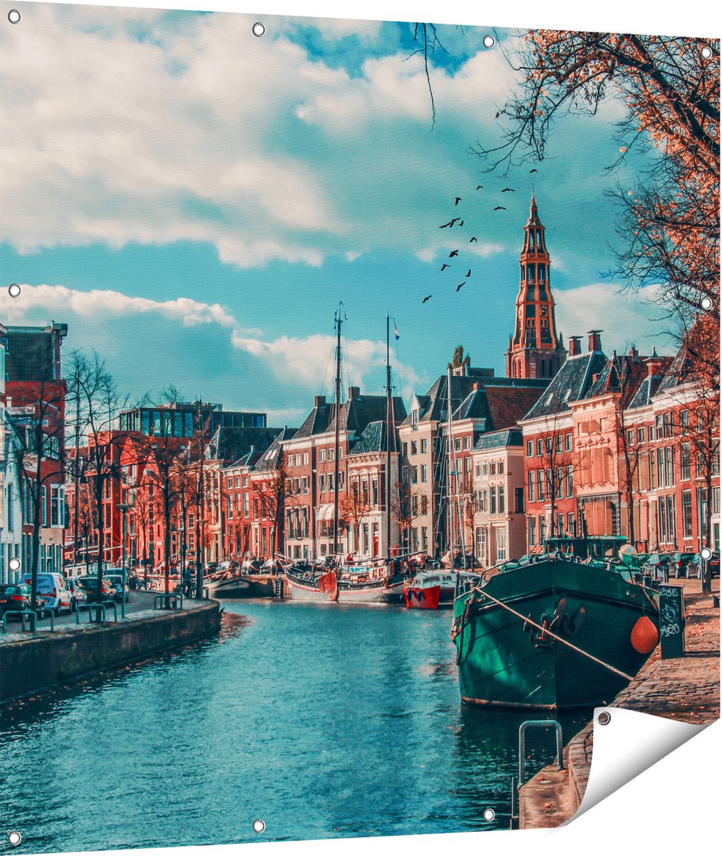 Gards Tuinposter Gracht in Groningen - 110x110 cm - Tuindoek - Tuindecoratie - Wanddecoratie buiten - Tuinschilderij Multikleur