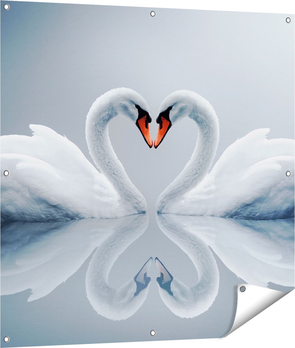 Gards Tuinposter Twee Zwanen in een Hart Vorm - 100x100 cm - Tuindoek - Tuindecoratie - Wanddecoratie buiten - Tuinschilderij Multikleur