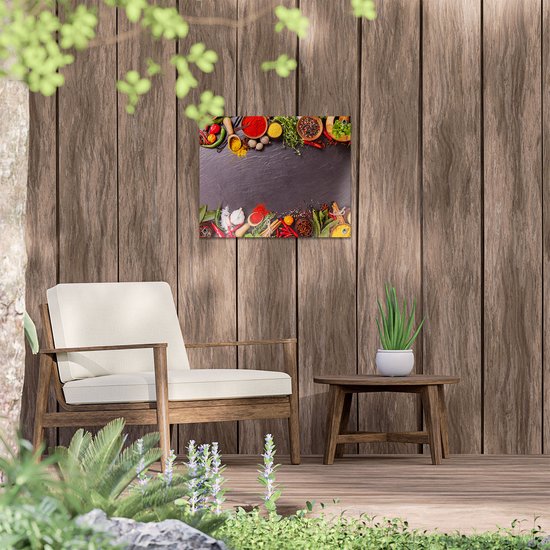 Gards Tuinposter Verschillende Kruiden op een Zwarte Tafel - 50x40 cm - Tuindoek - Tuindecoratie - Wanddecoratie buiten - Tuinschilderij
