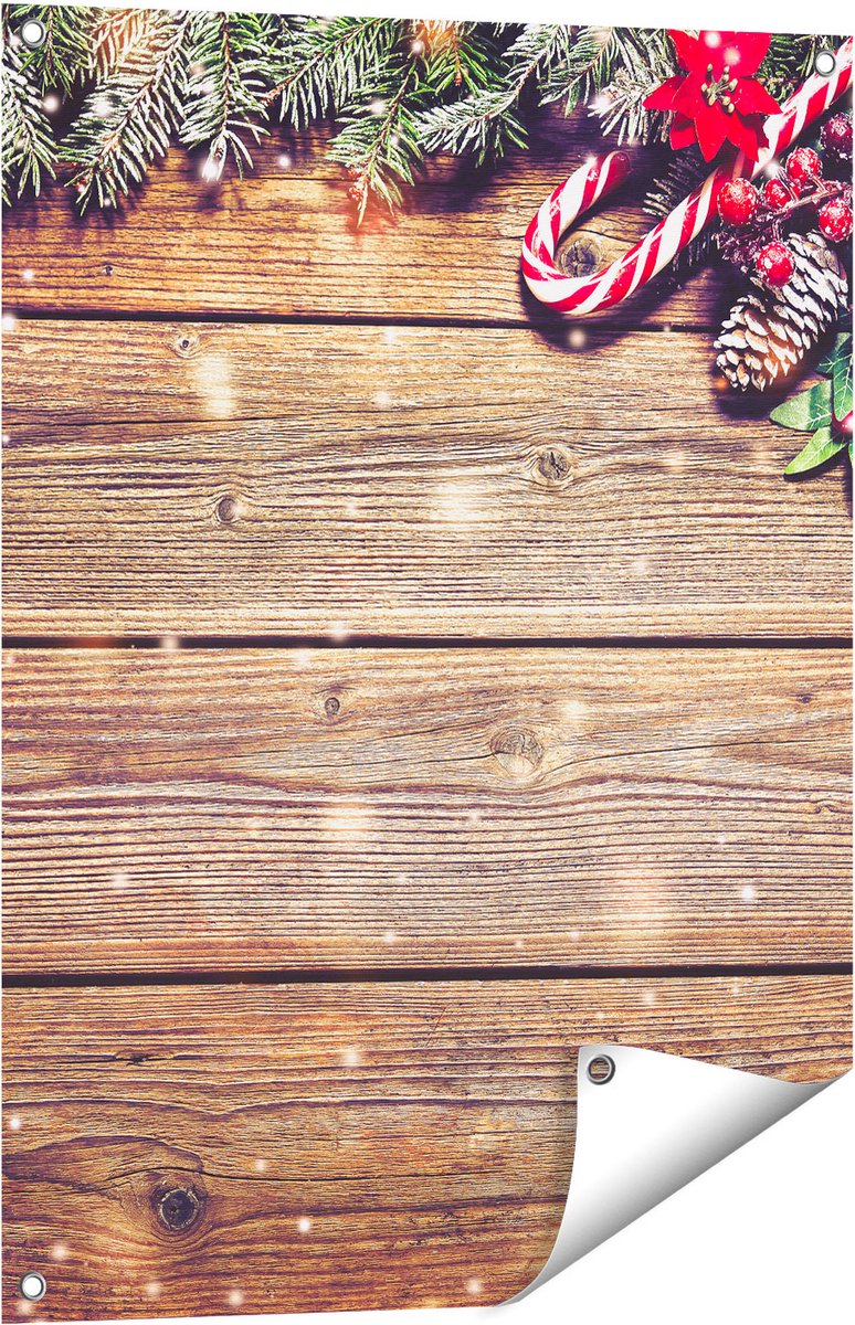 Gards Tuinposter Kerst Sfeer Achtergrond met Dennenbomen - 60x80 cm - Tuindoek - Tuindecoratie - Wanddecoratie buiten - Tuinschilderij Multikleur