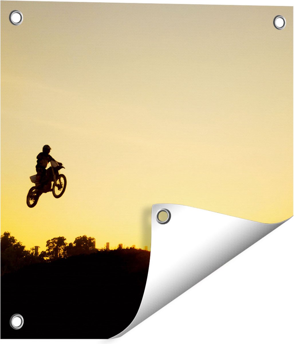 Gards Tuinposter Silhouet van een Motorcross bij Zonsondergang - 40x40 cm - Tuindoek - Tuindecoratie - Wanddecoratie buiten - Tuinschilderij Multikleur