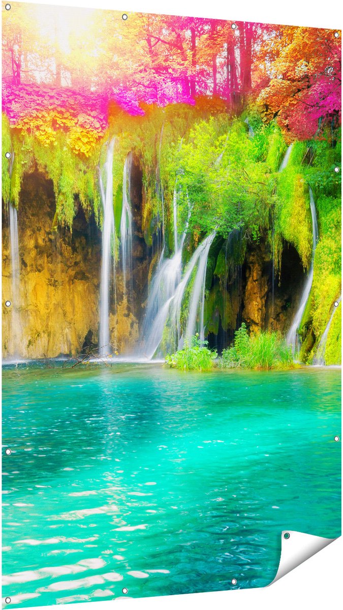 Gards Tuinposter Waterval met Roze en Groene Bloemen - 120x180 cm - Tuindoek - Tuindecoratie - Wanddecoratie buiten - Tuinschilderij Multikleur