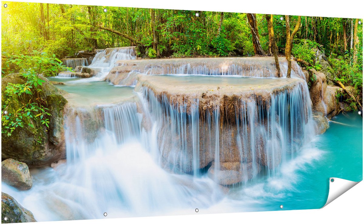 Gards Tuinposter Waterval in het Bos in Thailand - 200x100 cm - Tuindoek - Tuindecoratie - Wanddecoratie buiten - Tuinschilderij Multikleur