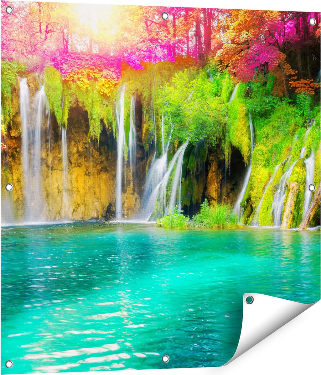 Gards Tuinposter Waterval met Roze en Groene Bloemen - 80x80 cm - Tuindoek - Tuindecoratie - Wanddecoratie buiten - Tuinschilderij Multikleur