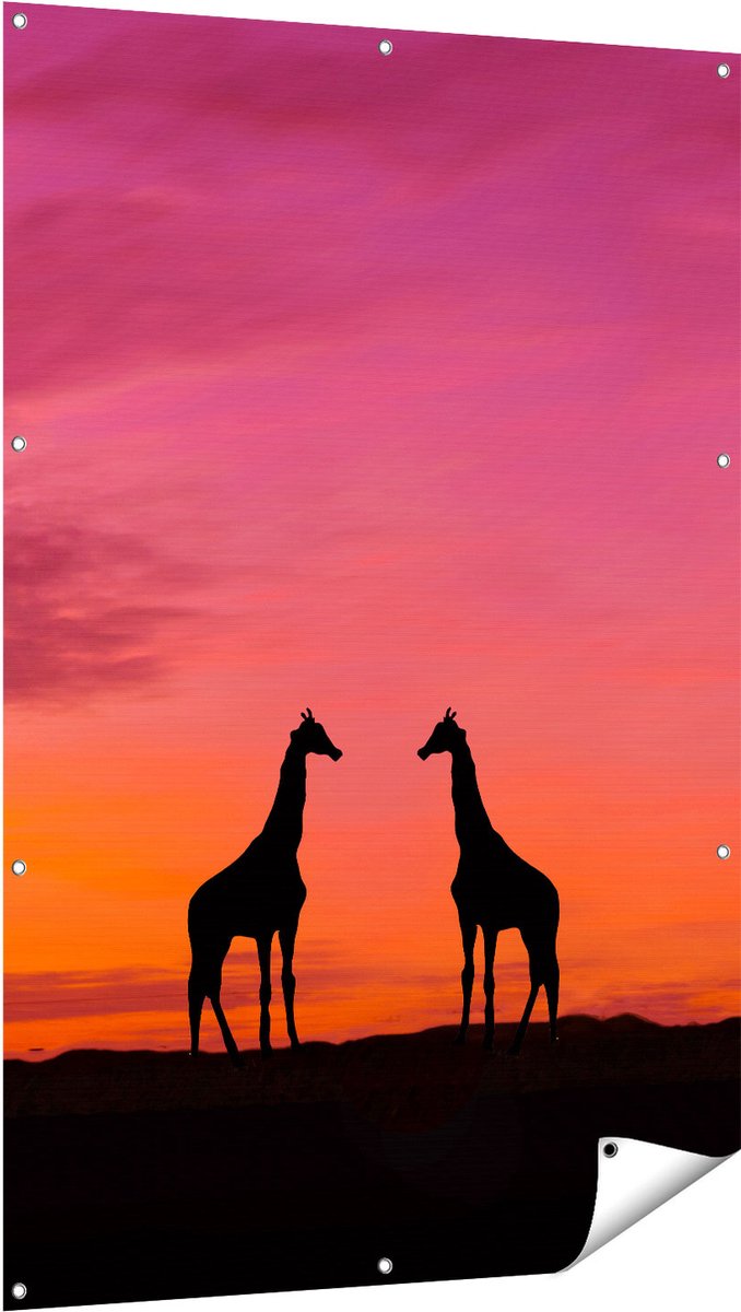 Gards Tuinposter Twee Giraffe Silhouetten bij Zonsondergang - 100x150 cm - Tuindoek - Tuindecoratie - Wanddecoratie buiten - Tuinschilderij Multikleur