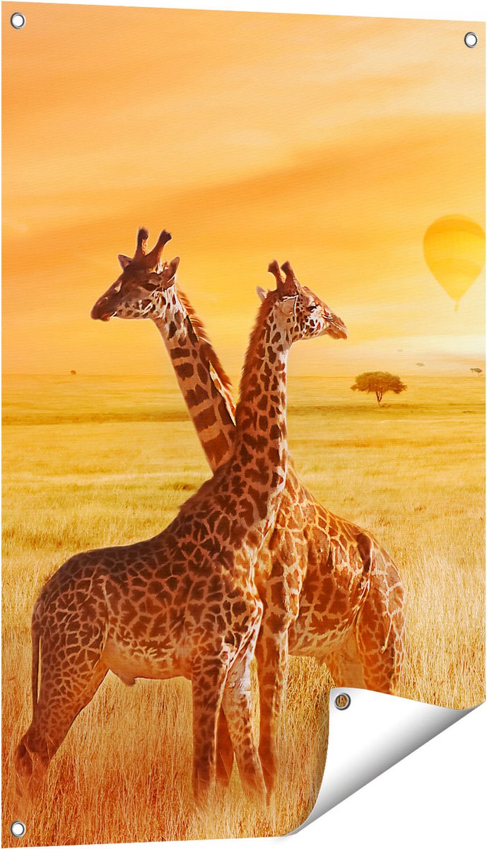 Gards Tuinposter Twee Giraffen met Twee Oranje Luchtballonnen - 60x90 cm - Tuindoek - Tuindecoratie - Wanddecoratie buiten - Tuinschilderij Multikleur