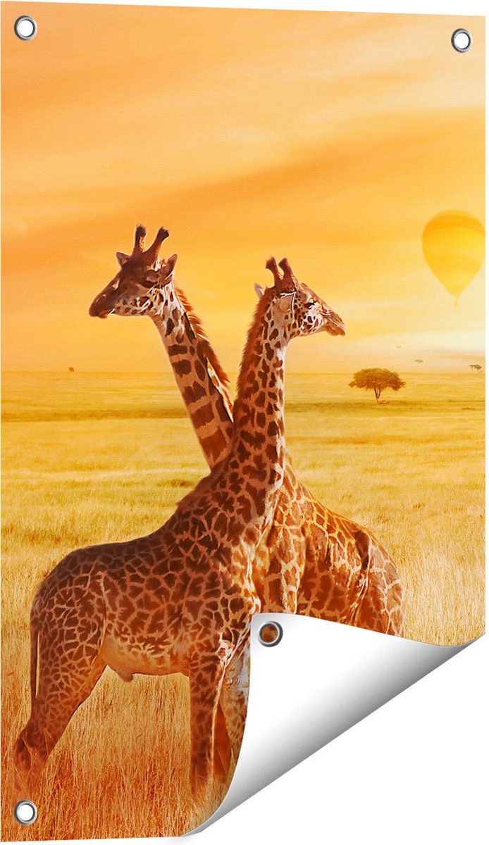 Gards Tuinposter Twee Giraffen met Twee Oranje Luchtballonnen - 40x60 cm - Tuindoek - Tuindecoratie - Wanddecoratie buiten - Tuinschilderij Multikleur
