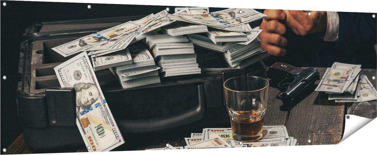 Gards Tuinposter Dollar Geld Briefjes op Tafel van de Maffia - 210x70 cm - Tuindoek - Tuindecoratie - Wanddecoratie buiten - Tuinschilderij Multikleur