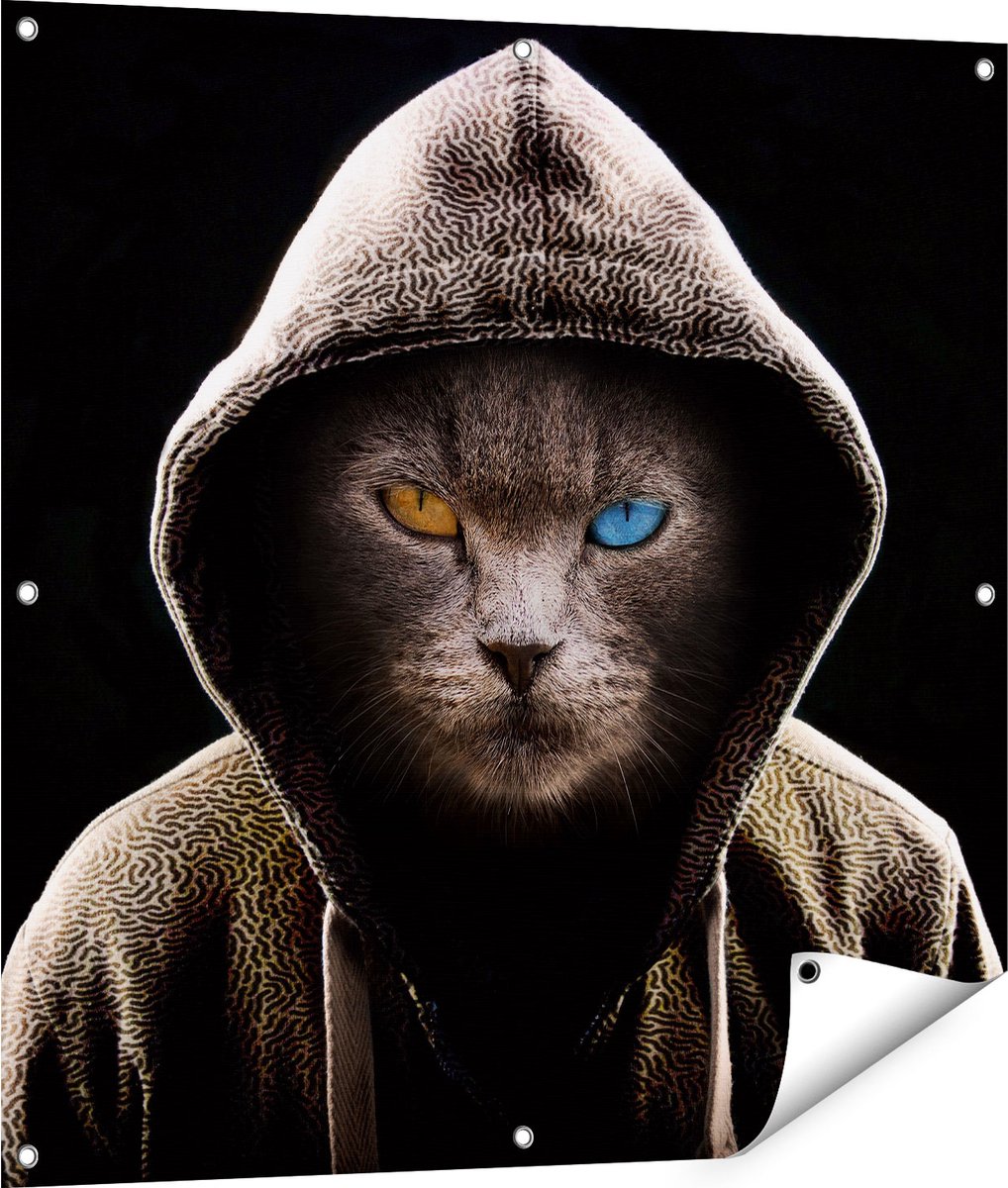 Gards Tuinposter Boze Kat Draagt een Hoodie - 90x90 cm - Tuindoek - Tuindecoratie - Wanddecoratie buiten - Tuinschilderij Multikleur